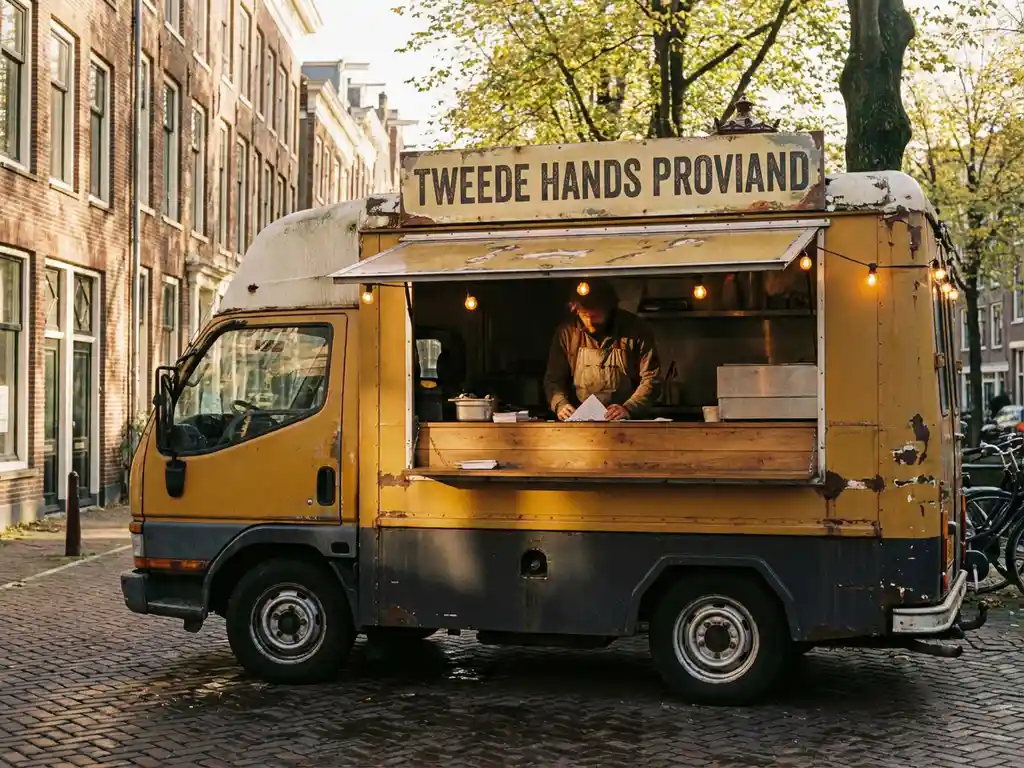 Tweedehands foodtruck met verweerde mosterdgele buitenkant op een zonnige Nederlandse straat, ondernemer bekijkt papieren bij het serveerlokket.
