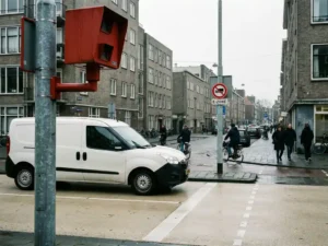 Rode verkeerscamera op stalen paal bij ingang van emissievrije zone, witte bestelbus stopt aan de grens in Nederlandse stad.
