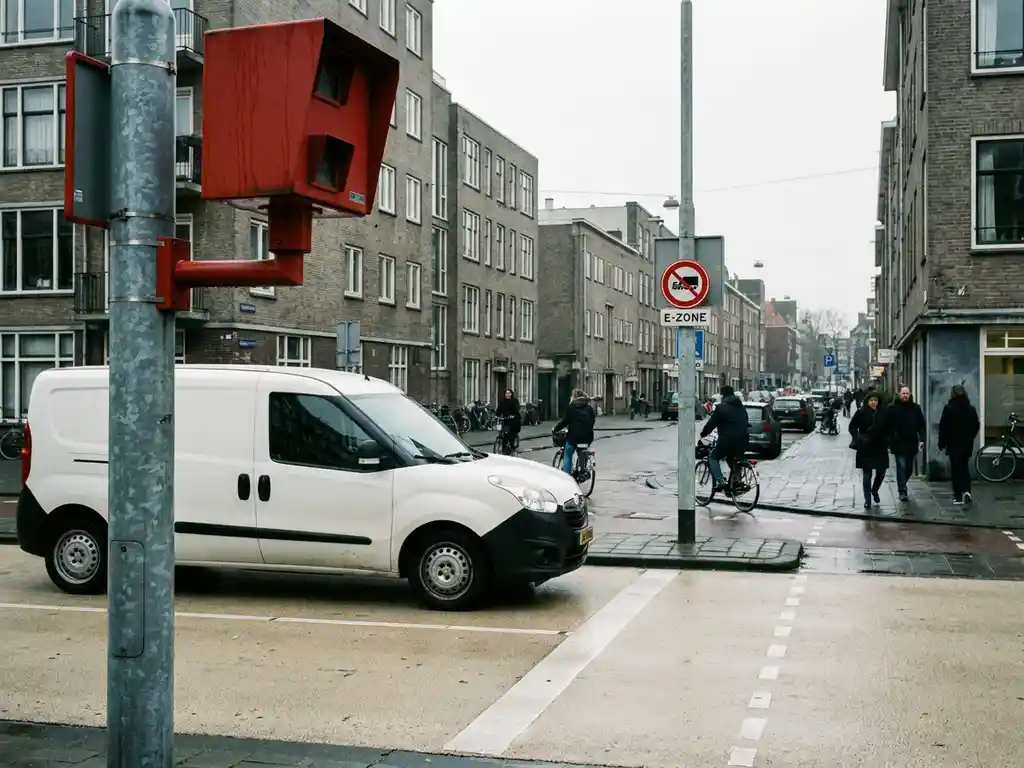 Rode verkeerscamera op stalen paal bij ingang van emissievrije zone, witte bestelbus stopt aan de grens in Nederlandse stad.
