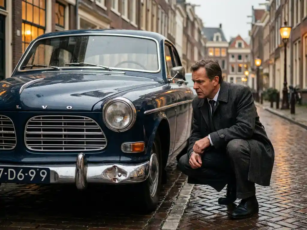 Zakenman in pak hurkt naast deuk en krasschade op de voorbumper van een klassieke auto op natte Nederlandse straat.
