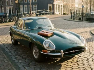 Glanzende groene klassieke auto uit de jaren 60 op Hollandse klinkerstraat met leren portfolio op de motorkap in gouden middaglicht.