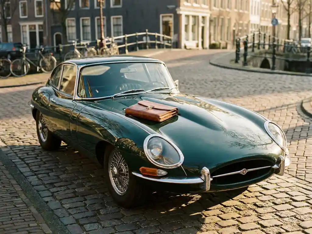 Glanzende groene klassieke auto uit de jaren 60 op Hollandse klinkerstraat met leren portfolio op de motorkap in gouden middaglicht.