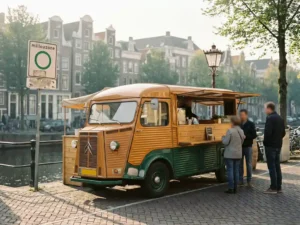 Kleurrijke foodtruck geparkeerd bij de ingang van een Nederlandse emissiezone, met een groen zonebord en kanaalbebouwing op de achtergrond.