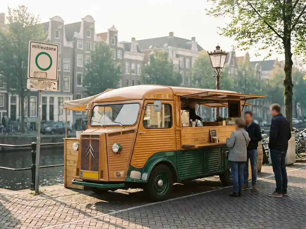Kleurrijke foodtruck geparkeerd bij de ingang van een Nederlandse emissiezone, met een groen zonebord en kanaalbebouwing op de achtergrond.