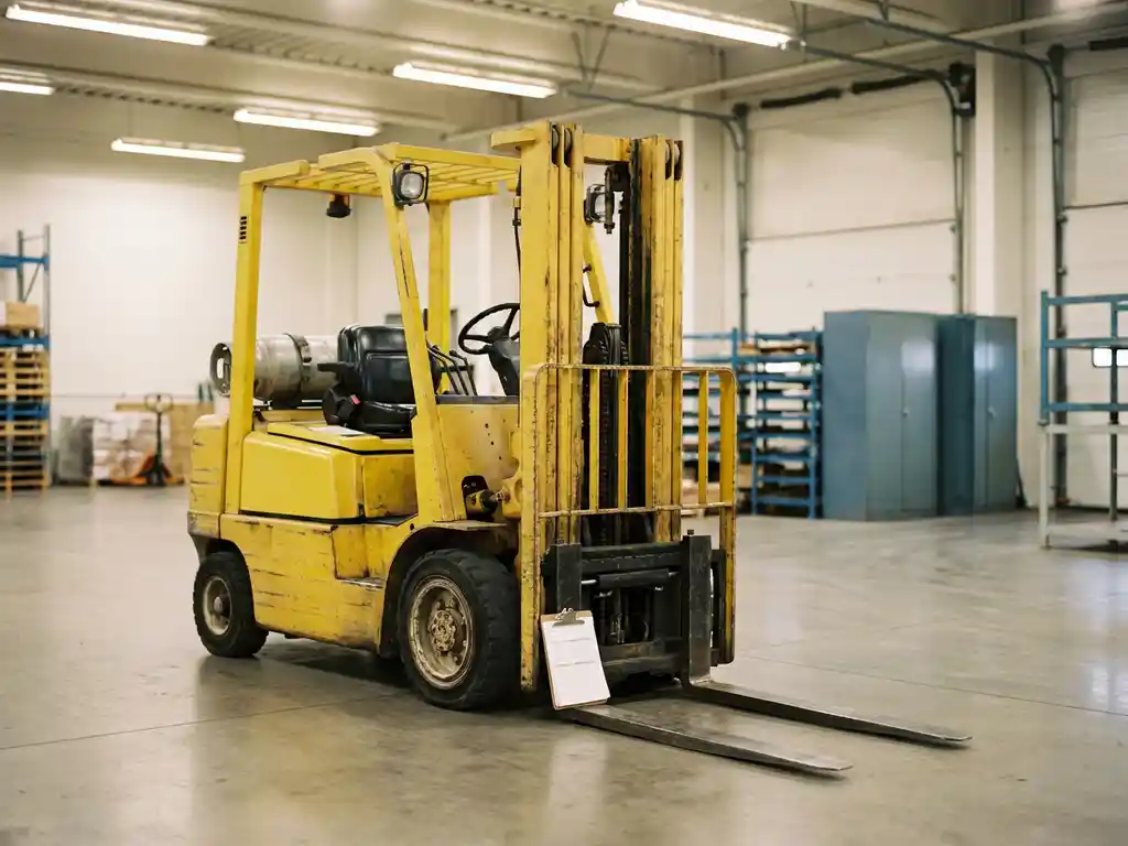 Gele heftruck in industrieel magazijn met inspectieklembord tegen de vork, zachte schaduwen op betonnen vloer.