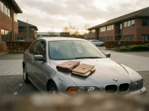 Jaren-90 Europese sedan op Nederlands bedrijventerrein met twee leren contractmappen op de motorkap, één licht geopend.