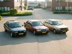 Drie klassieke youngtimers — BMW, Mercedes en Volkswagen — geparkeerd op een Nederlands bedrijventerrein in warm middagzonlicht.