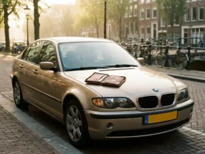 Gepolijste BMW E46 geparkeerd op een Nederlandse stadsstraat in zacht ochtendlicht, met een leren documentenmap op de motorkap.