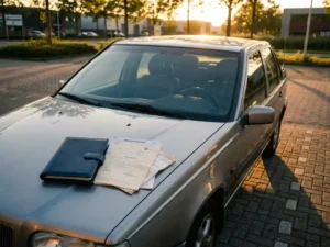 Zilvergrijze Europese sedan uit de late jaren negentig op een Nederlands bedrijventerrein met belastingdocumenten en leaseMap op de motorkap.