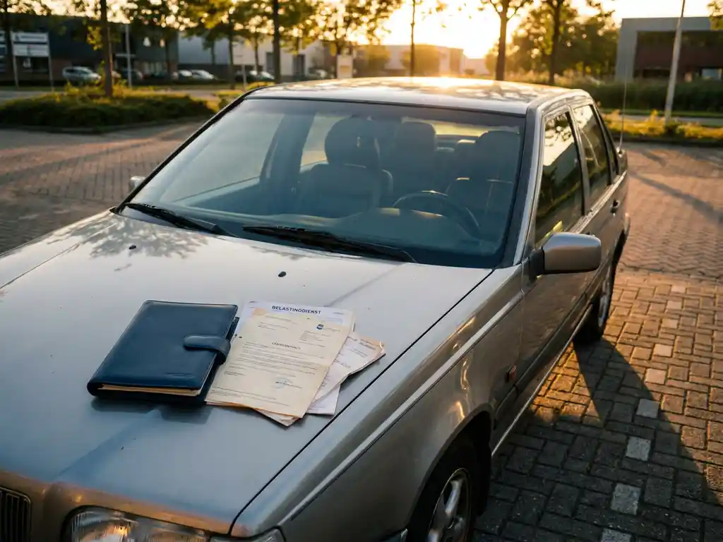 Zilvergrijze Europese sedan uit de late jaren negentig op een Nederlands bedrijventerrein met belastingdocumenten en leaseMap op de motorkap.
