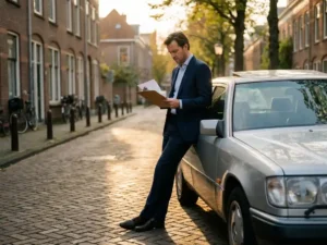 Leaseadviseur in pak leunt tegen een klassieke jaren 90-sedan op een Nederlandse straatstenen woonstraat in warm middagzonlicht.
