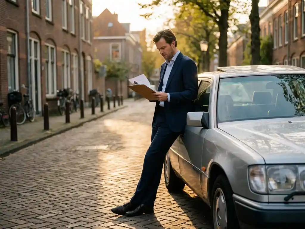Leaseadviseur in pak leunt tegen een klassieke jaren 90-sedan op een Nederlandse straatstenen woonstraat in warm middagzonlicht.