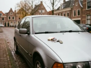 Jaren 90 youngtimer sedan in mat zilver geparkeerd op Hollandse kinderkopjes, met eurobiljetten en autosleutel op de motorkap.