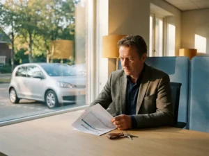 Ondernemer bekijkt salarisoverzicht naast autosleutels op bureau, bedrijfsauto zichtbaar door raam op de achtergrond.