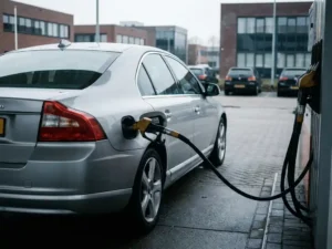 Zilveren leaseauto op Nederlands bedrijventerrein met brandstofpistool bij de tankdop onder bewolkt daglicht.