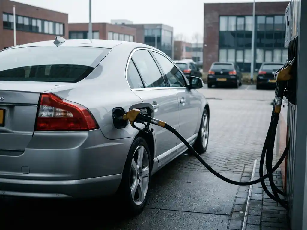 Zilveren leaseauto op Nederlands bedrijventerrein met brandstofpistool bij de tankdop onder bewolkt daglicht.