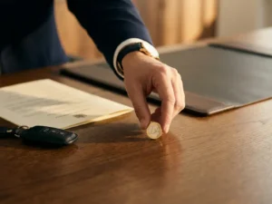 Hand die een euromunt plaatst op een eiken bureau naast een autosleutel en officieel document, zakelijke sfeer.