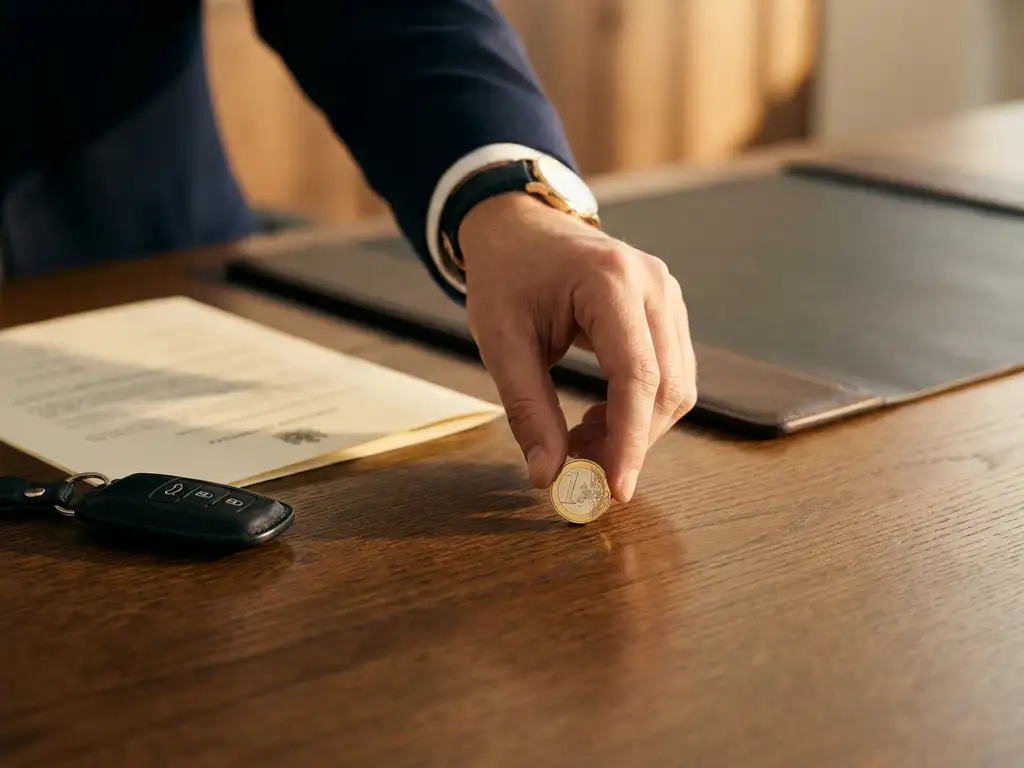 Hand die een euromunt plaatst op een eiken bureau naast een autosleutel en officieel document, zakelijke sfeer.