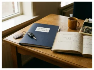 Houten bureau met autosleutel, leasecontract, opengeslagen financieel grootboek, rekenmachine en koffiemok in warm licht.