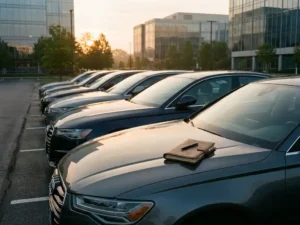 Rij geparkeerde zakelijke leaseauto's op een modern parkeerterrein, met een leren notitieboek op de motorkap van een donkergrijze sedan.