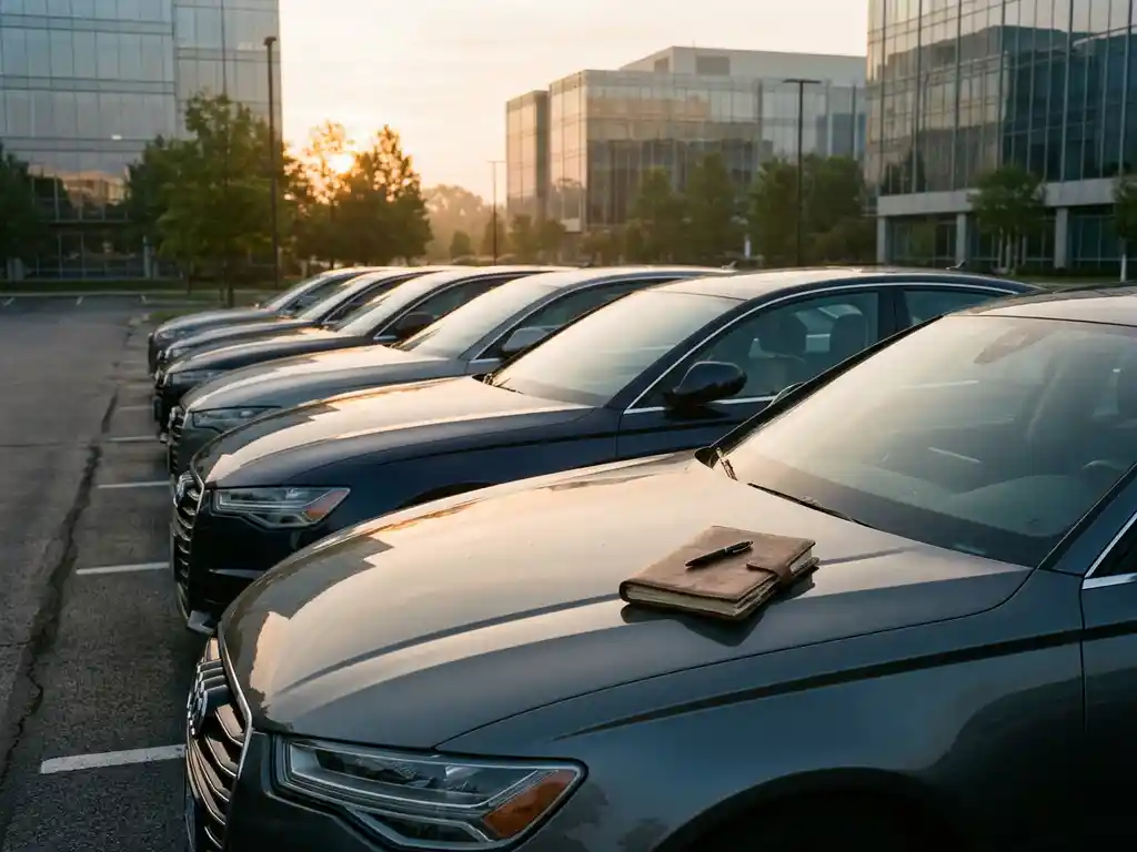 Rij geparkeerde zakelijke leaseauto's op een modern parkeerterrein, met een leren notitieboek op de motorkap van een donkergrijze sedan.