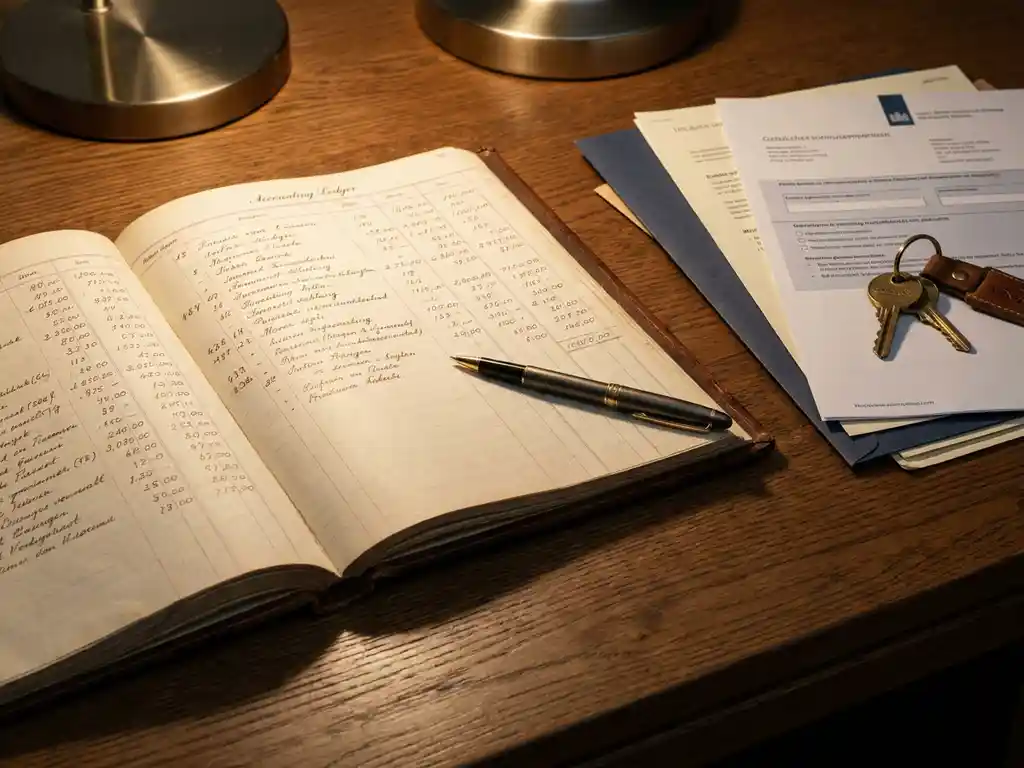 Opengeslagen boekhoudregister op eikenhouten bureau met autosleutels, Nederlandse belastingdocumenten en een pen in warm kantoorlicht.