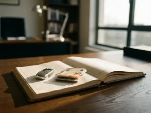 Opengeslagen kostenboek op eikenhouten bureau met zilveren autosleutel en eurobiljetten, zakelijke autokosten administratie.