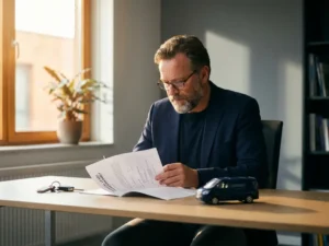 Ondernemer bekijkt financiële leaseovereenkomst aan houten bureau met autosleutels en schaalmodel bedrijfsbus.