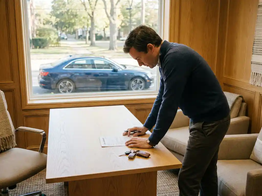 Ondernemer aan eikenhouten bureau bestudeert leasecontract met autosleutels ernaast, bedrijfsauto zichtbaar door kantoorraam.