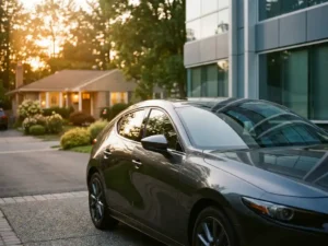 Moderne grijze sedan in oprit tussen gezinswoning met tuin en glazen kantoorgebouw, badend in goudkleurig middaglicht.