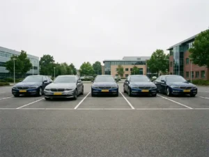 Vijf moderne zakelijke sedans op een rij geparkeerd op een bedrijfsparkeerplaats, één auto licht naar voren getrokken, onder bewolkt daglicht.