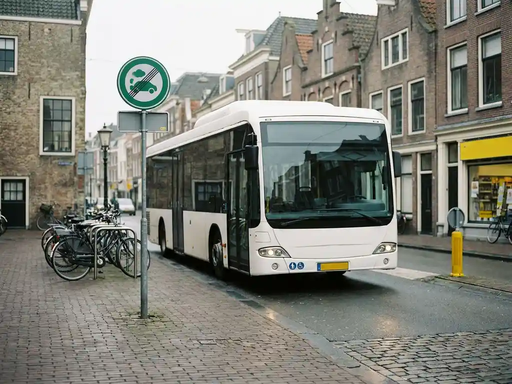 Witte stadsbus bij ingang van emissiezone in Nederlandse binnenstad met milieuzonebordje op bakstenen straathoek.