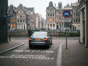 Zilveren zakelijke sedan op een smalle, kinderkopjesstraat in een Nederlandse binnenstad met verkeersborden en milieuzonemarkering.