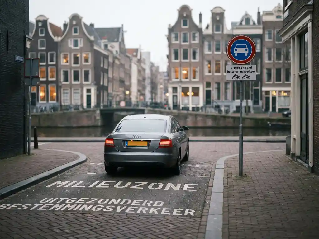 Zilveren zakelijke sedan op een smalle, kinderkopjesstraat in een Nederlandse binnenstad met verkeersborden en milieuzonemarkering.